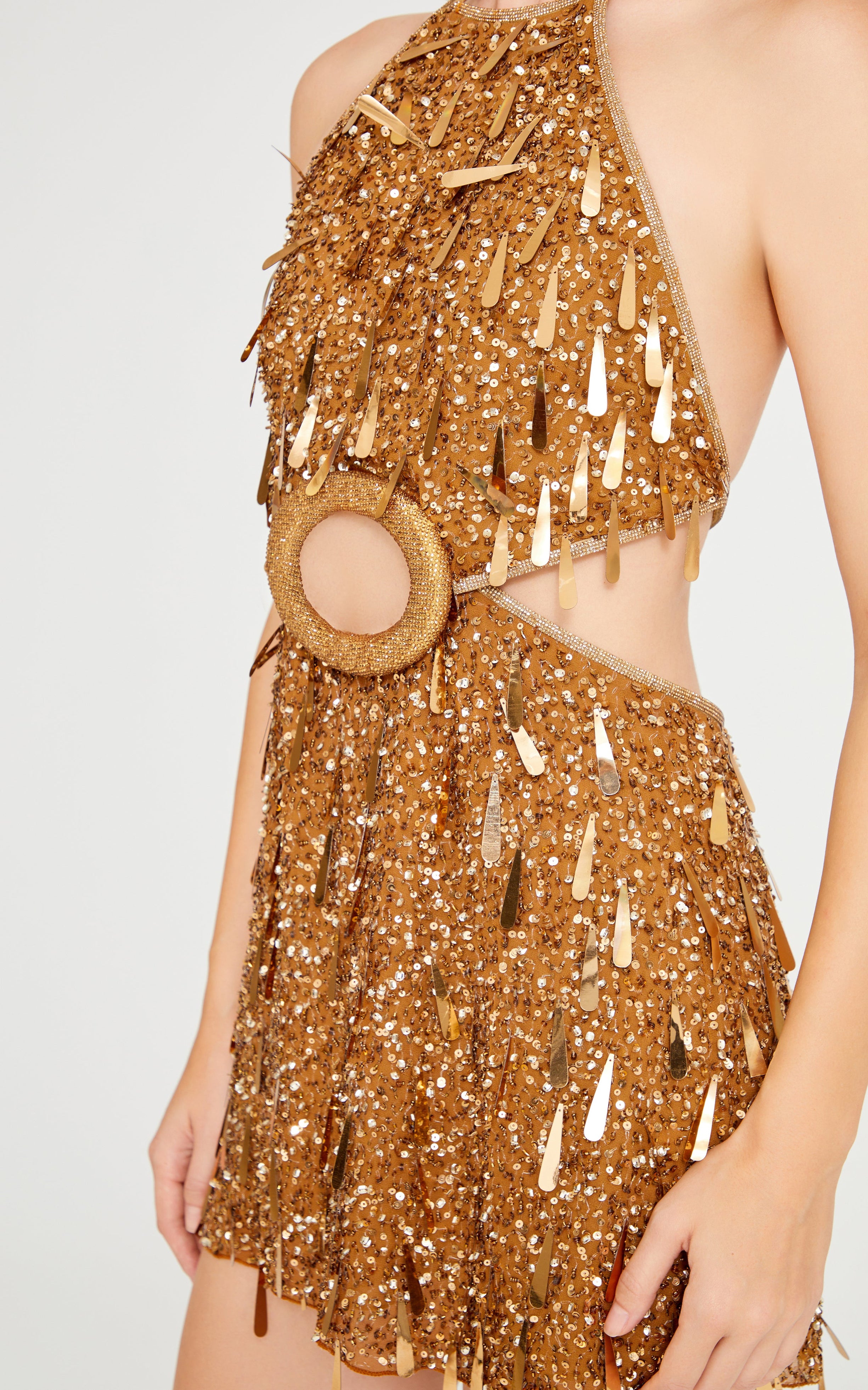 Gold Halter Neck Mini Dress with Dripping Sequin and Embroidery Detail