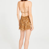 Gold Halter Neck Mini Dress with Dripping Sequin and Embroidery Details