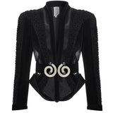 Black V-Neck Rugan Jacket with Velvet Crochet and Belt Detail