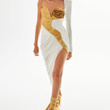Gold and White Medusa Maxi Dress with High Slit and Rose Details