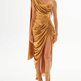 Gold Afrodit One Shoulder Midi Dress with Drape Details