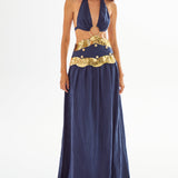 Navy Linen Halter Neck Maxi Dress with Cutouts and Gold Wavy Sequin Details