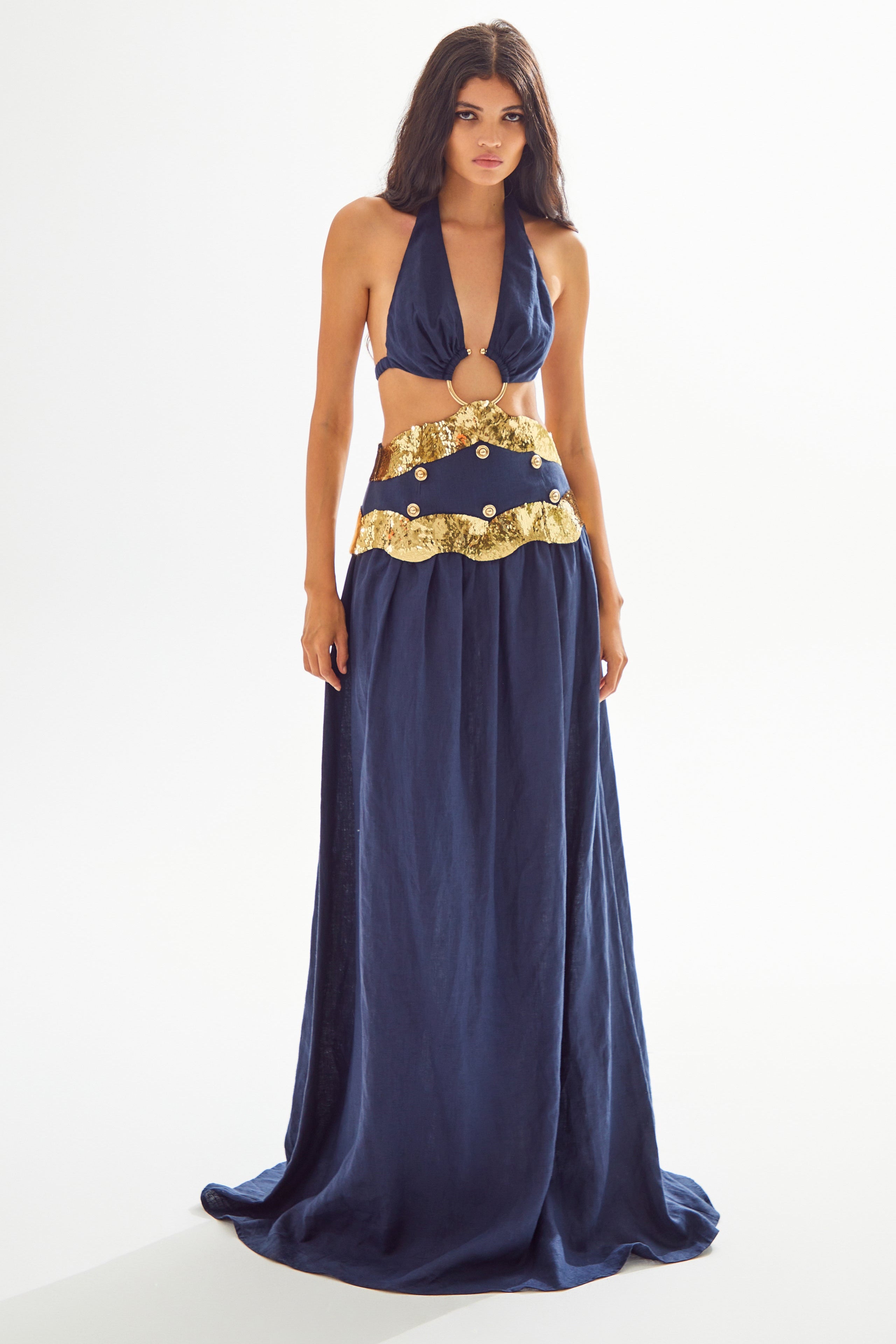Navy Linen Halter Neck Maxi Dress with Cutouts and Gold Wavy Sequin De RAISA VANESSA INT Navy Linen Halter Neck Maxi Dress with Cutouts and Gold Wavy Sequin De RAISA VANESSA INT