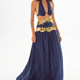 Navy Linen Halter Neck Maxi Dress with Cutouts and Gold Wavy Sequin Details