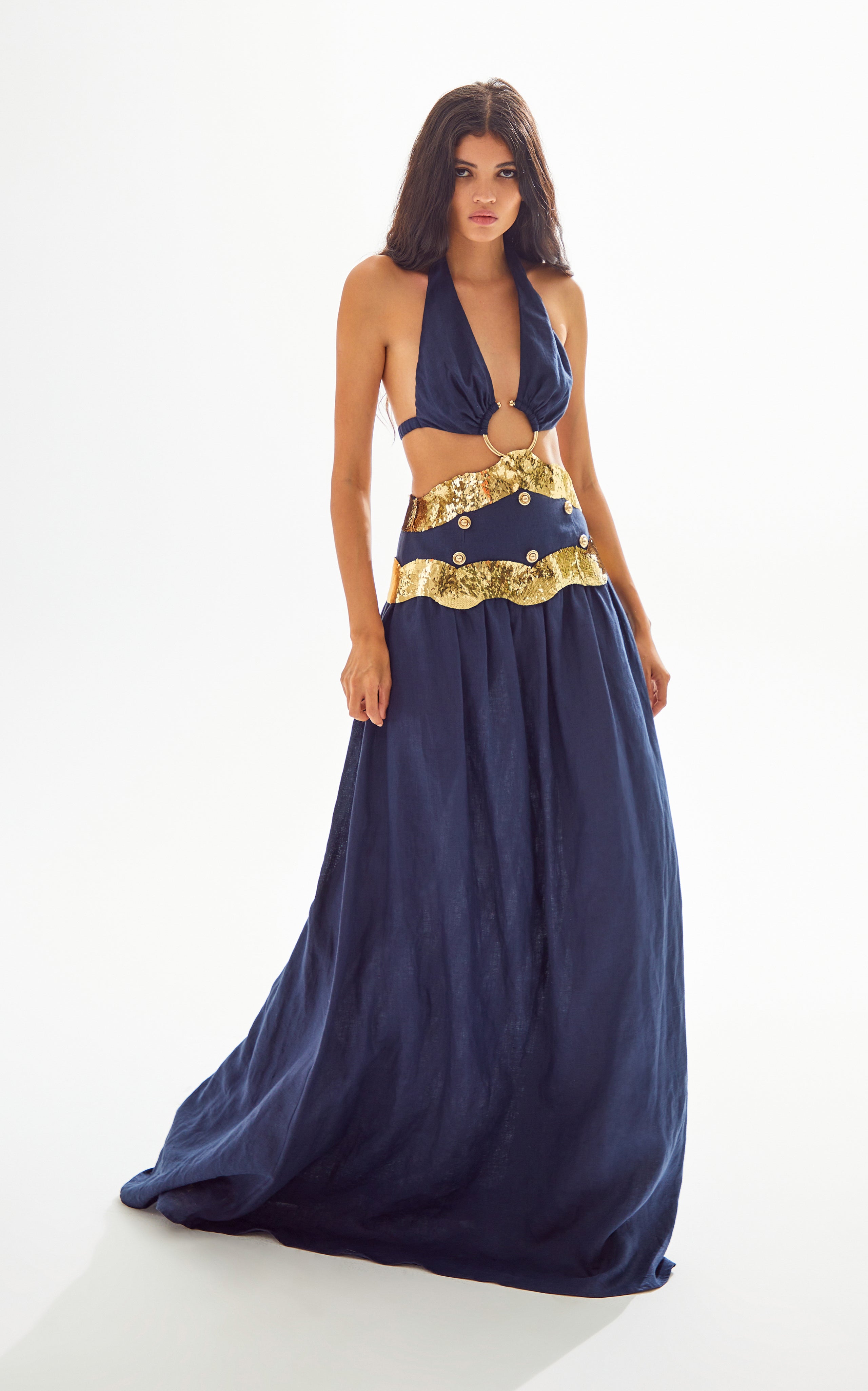 Navy Linen Halter Neck Maxi Dress with Cutouts and Gold Wavy Sequin De RAISA VANESSA INT Navy Linen Halter Neck Maxi Dress with Cutouts and Gold Wavy Sequin De RAISA VANESSA INT