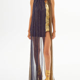 Silk Chiffon Navy Khaki Mini Dress with Long Tail and Gold Sequin Details