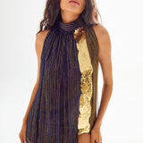 Silk Chiffon Navy Khaki Mini Dress with Long Tail and Gold Sequin Details