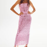 Pink Strapless Chiffon Midi Dress with Round Sequins