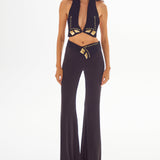 Black Suede Halter Neck Top with Gold Ivory Accessory Details