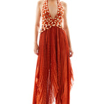 Halter Neck Pleated Chiffon Asymmetrical Maxi Dress with Gold Embroide RAISA VANESSA INT Halter Neck Pleated Chiffon Asymmetrical Maxi Dress with Gold Embroide RAISA VANESSA INT