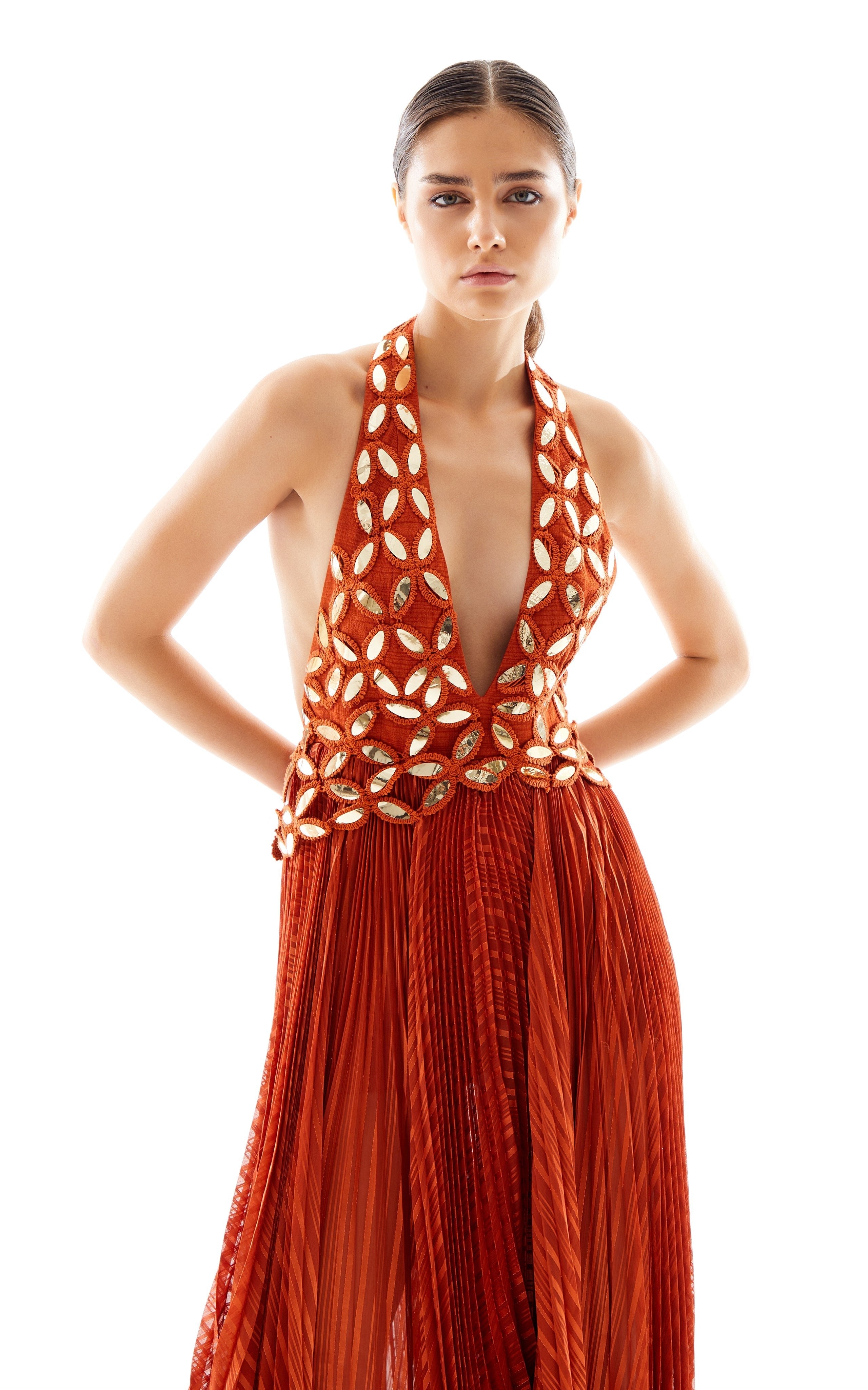 Halter Neck Pleated Chiffon Asymmetrical Maxi Dress with Gold Embroide RAISA VANESSA INT Halter Neck Pleated Chiffon Asymmetrical Maxi Dress with Gold Embroide RAISA VANESSA INT