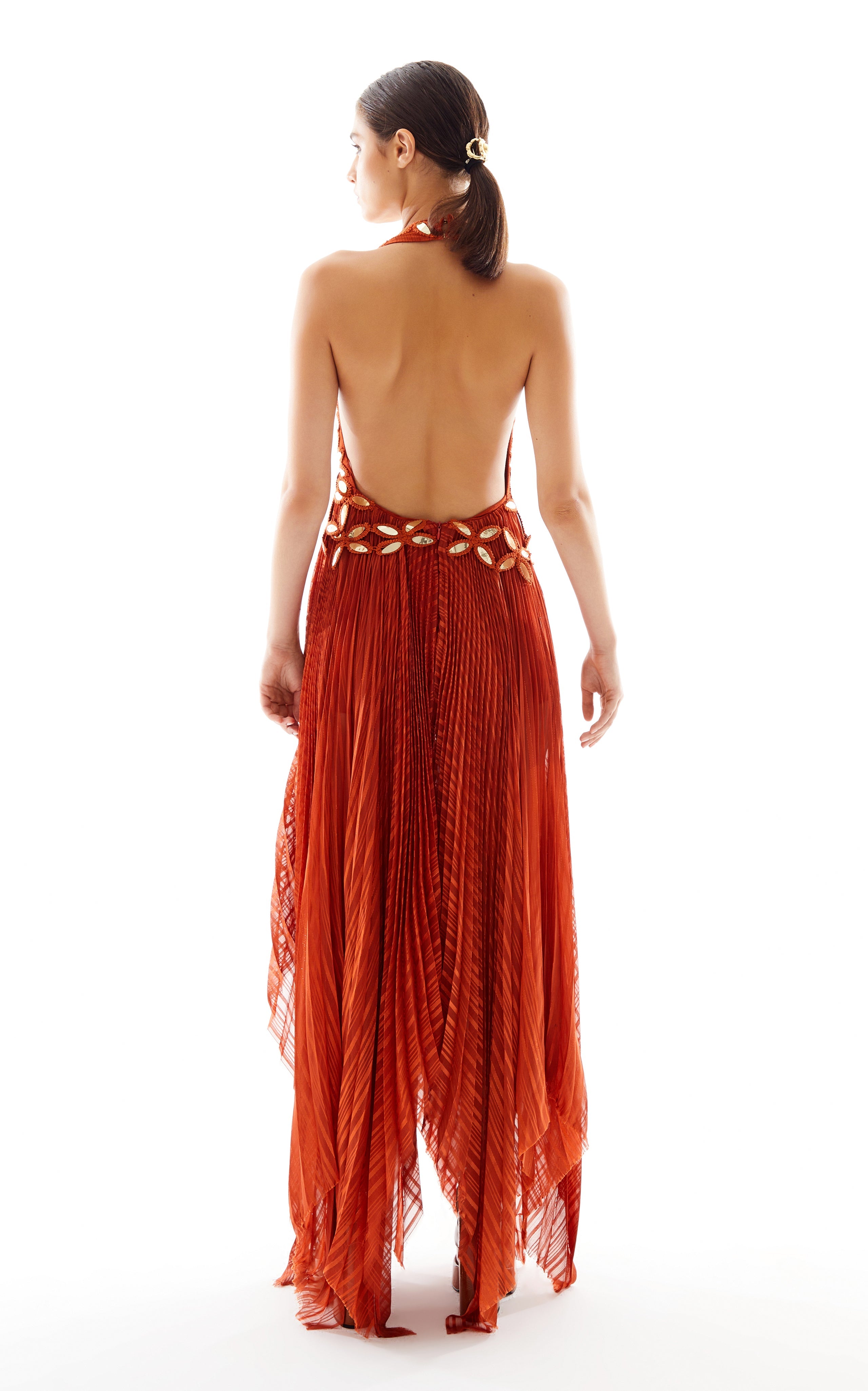 Halter Neck Pleated Chiffon Asymmetrical Maxi Dress with Gold Embroide RAISA VANESSA INT Halter Neck Pleated Chiffon Asymmetrical Maxi Dress with Gold Embroide RAISA VANESSA INT