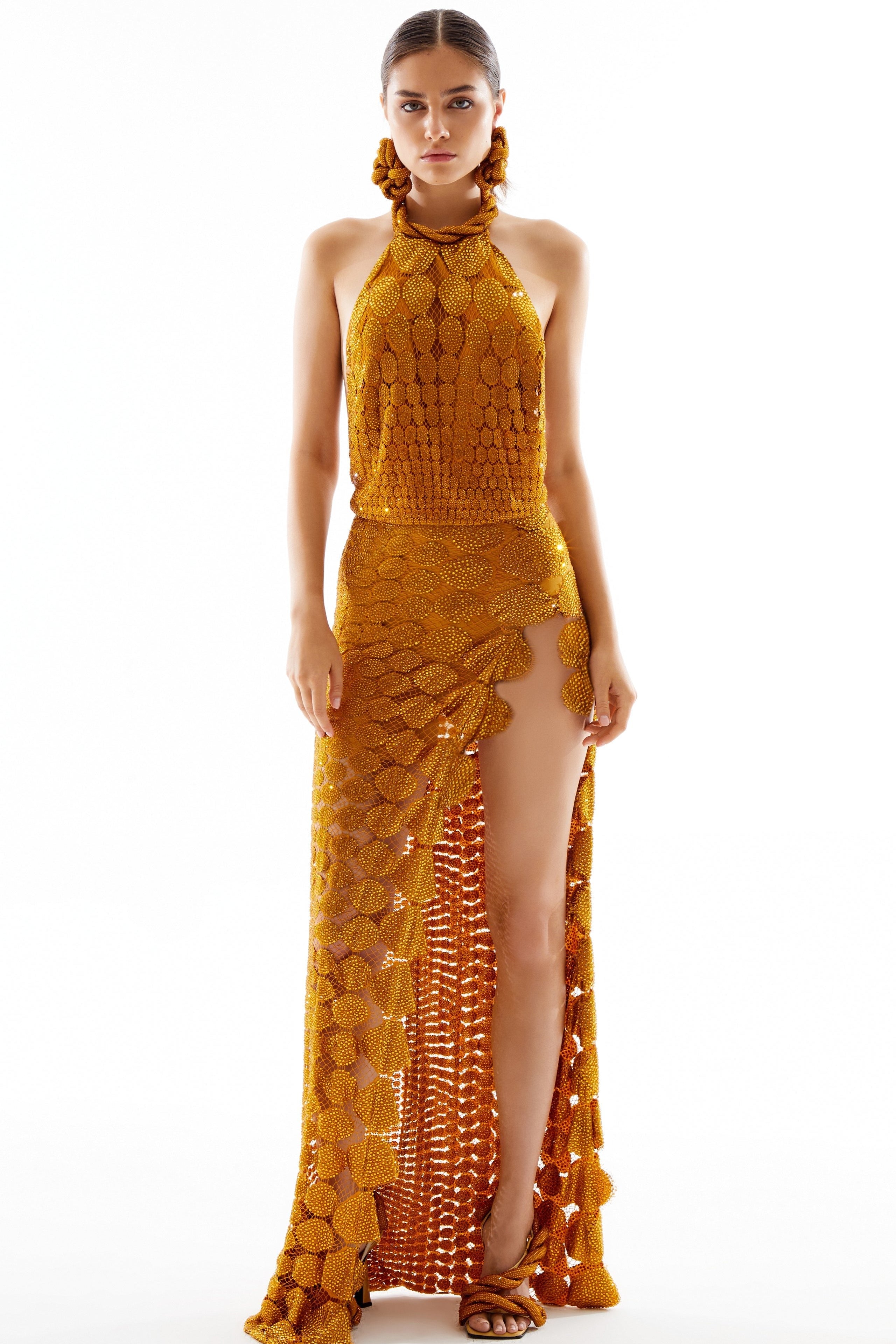 Halter Neck Sequined Circle Lace Maxi Dress with High Slit RAISA VANESSA INT Halter Neck Sequined Circle Lace Maxi Dress with High Slit RAISA VANESSA INT