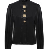 Black Satin Shirt with Pleated Arms Detail And Gold Buttons