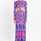 Long Sleeve Geometrical Print Cutout Maxi Dress