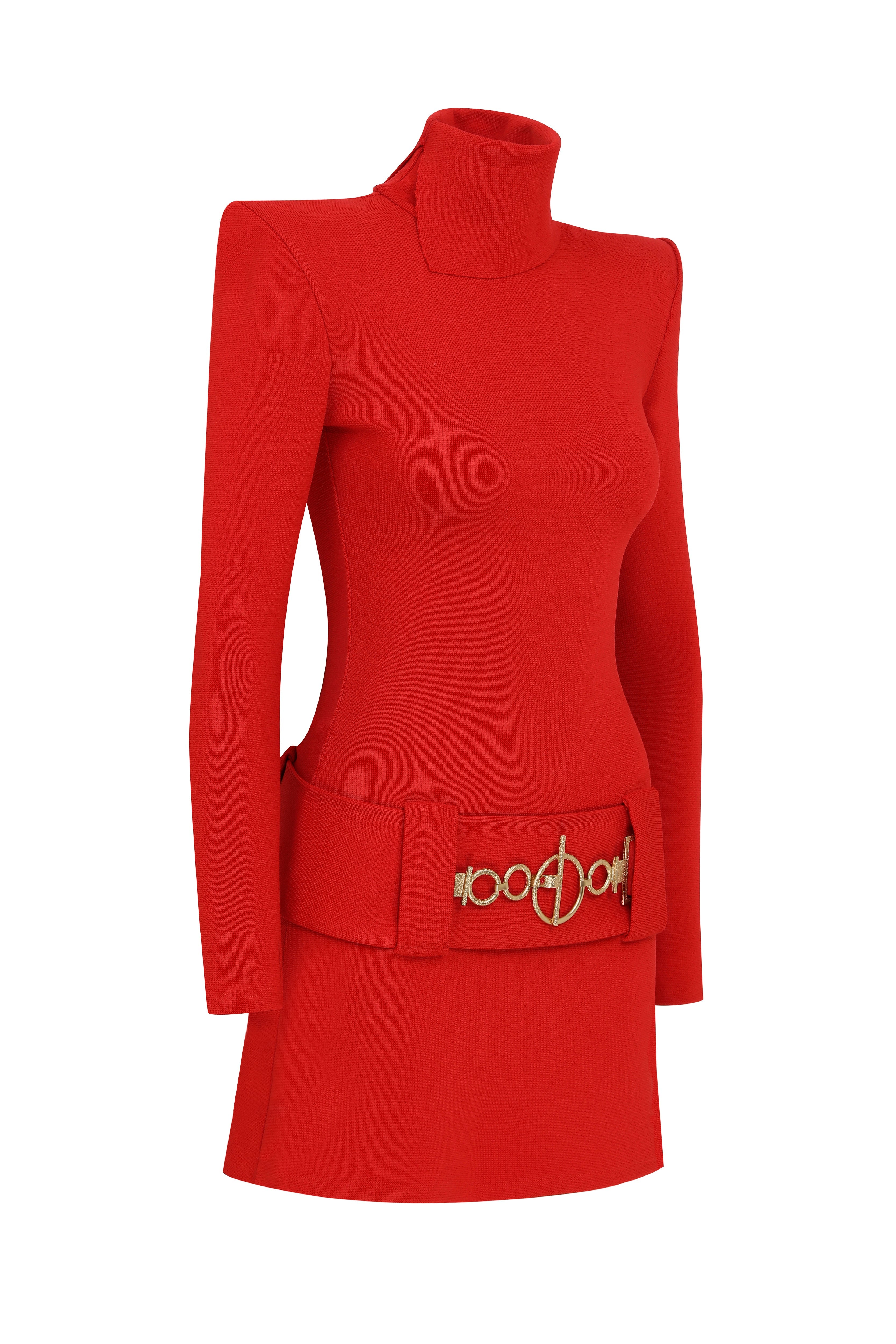Knitted Red Mini Dress with High Neck And Gold Belt Detail – RAISA