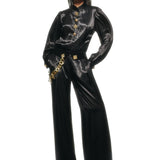 Black Wide Leg Pants With Gold Buttons and Velvet Waist