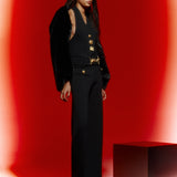 Black Knit Pants with Gold Belt And Buttons