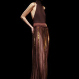 Brown Chiffon Pleated Maxi Skirt with Square Gold Details