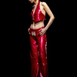 Fuschia Sequined Pants with Stone Belt