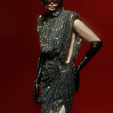High Neck Black Chiffon Midi Dress with Gold Ecose and Stone Details