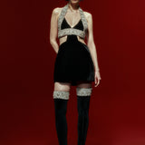 Velvet Black Mini Dress with Halter Strap and Crystal Stone Detail