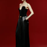 Black Wide Leg Pants With Gold Buttons and Velvet Waist