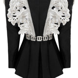 Black V-neck Jacket with White Laced Strass Embellished Embroidery