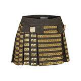 Khaki Pleated Mini Skirt with Gold Details