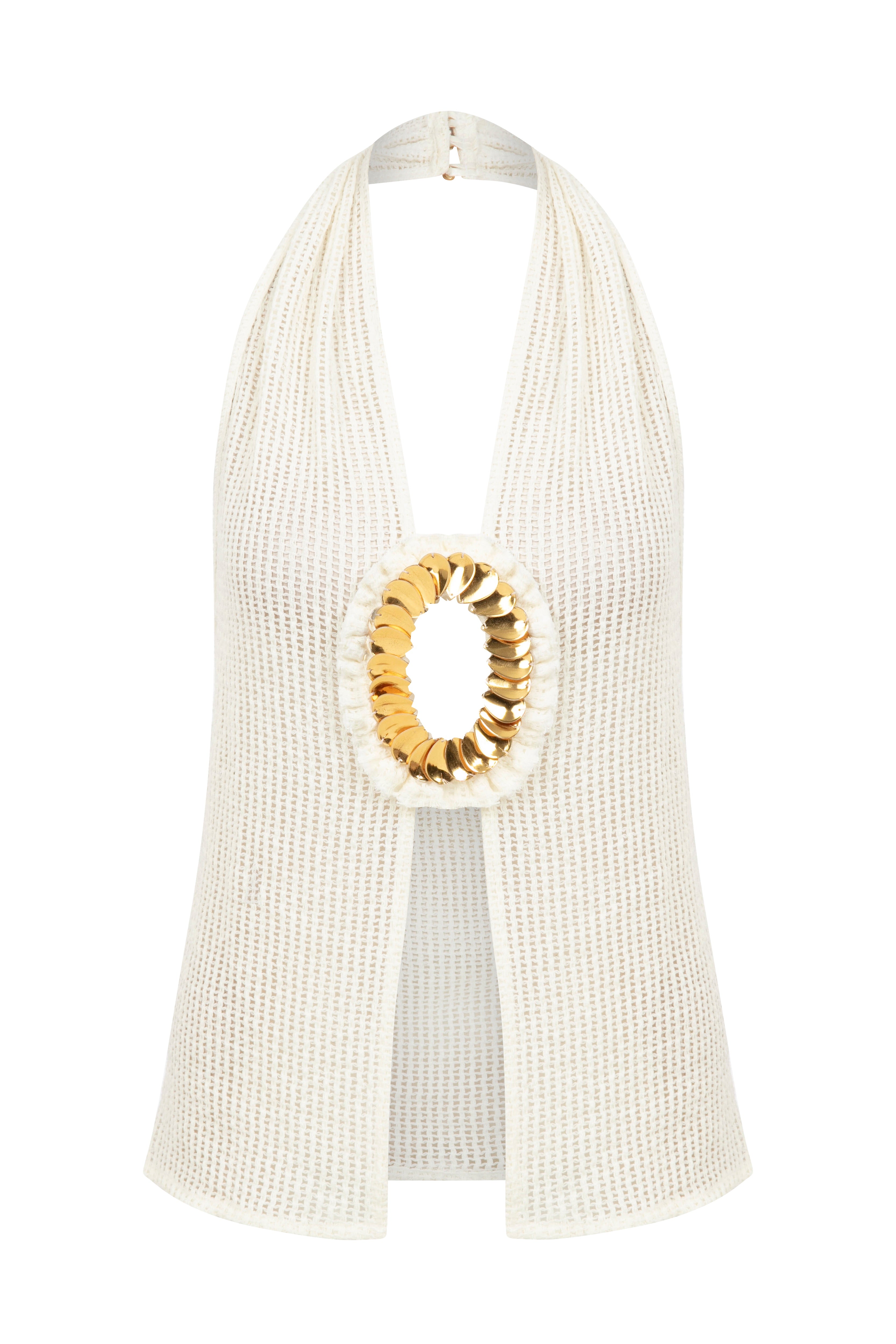 White Crochet Halter Top With Gold Sequin Details – RAISA