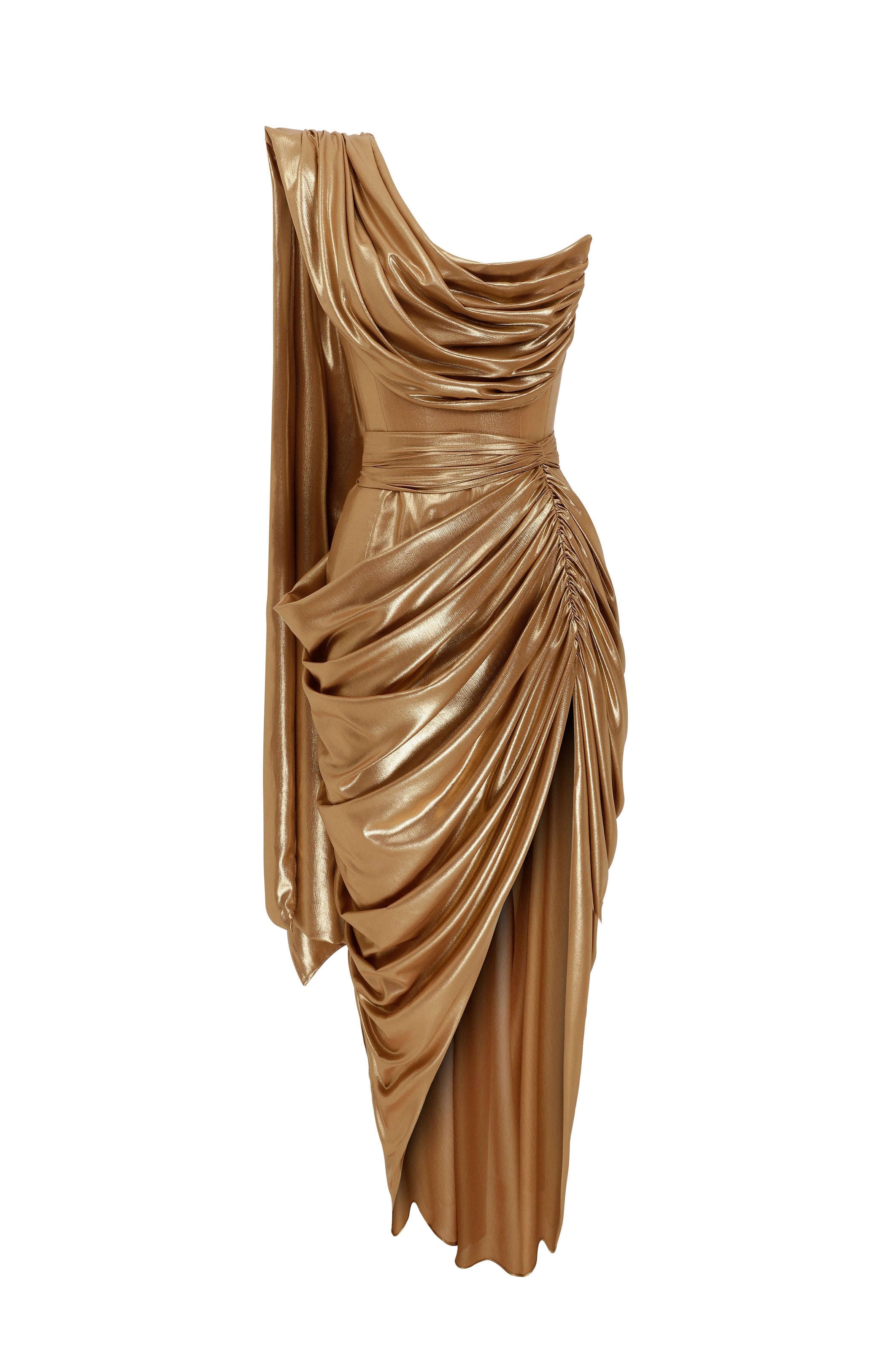 Gold Afrodit One Shouldered Midi Dress with Drape Details