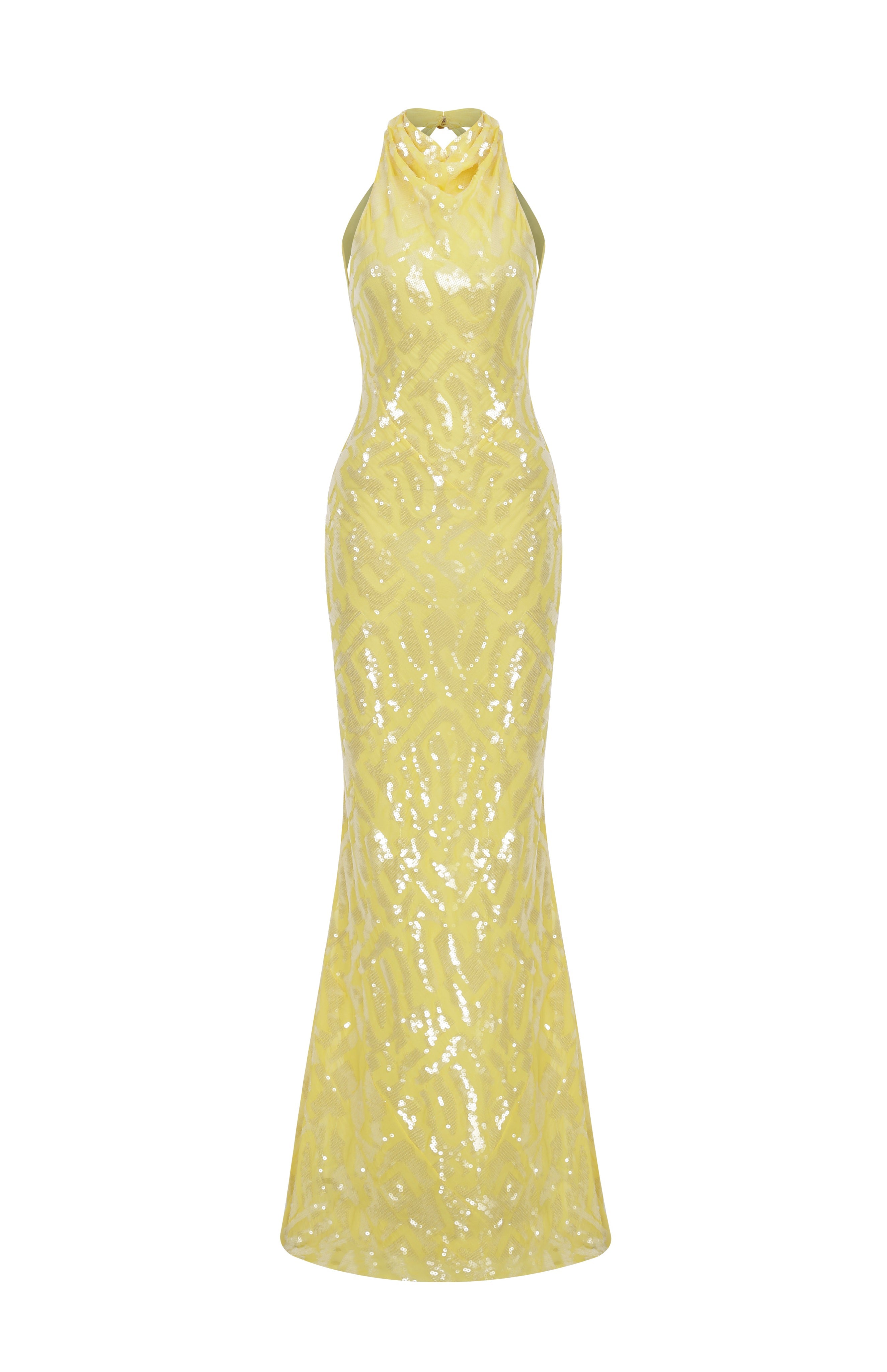 Lemon Turtle Neck Maxi Dress with Patterned Sequin Details and Open Ba RAISA VANESSA INT Lemon Turtle Neck Maxi Dress with Patterned Sequin Details and Open Ba RAISA VANESSA INT