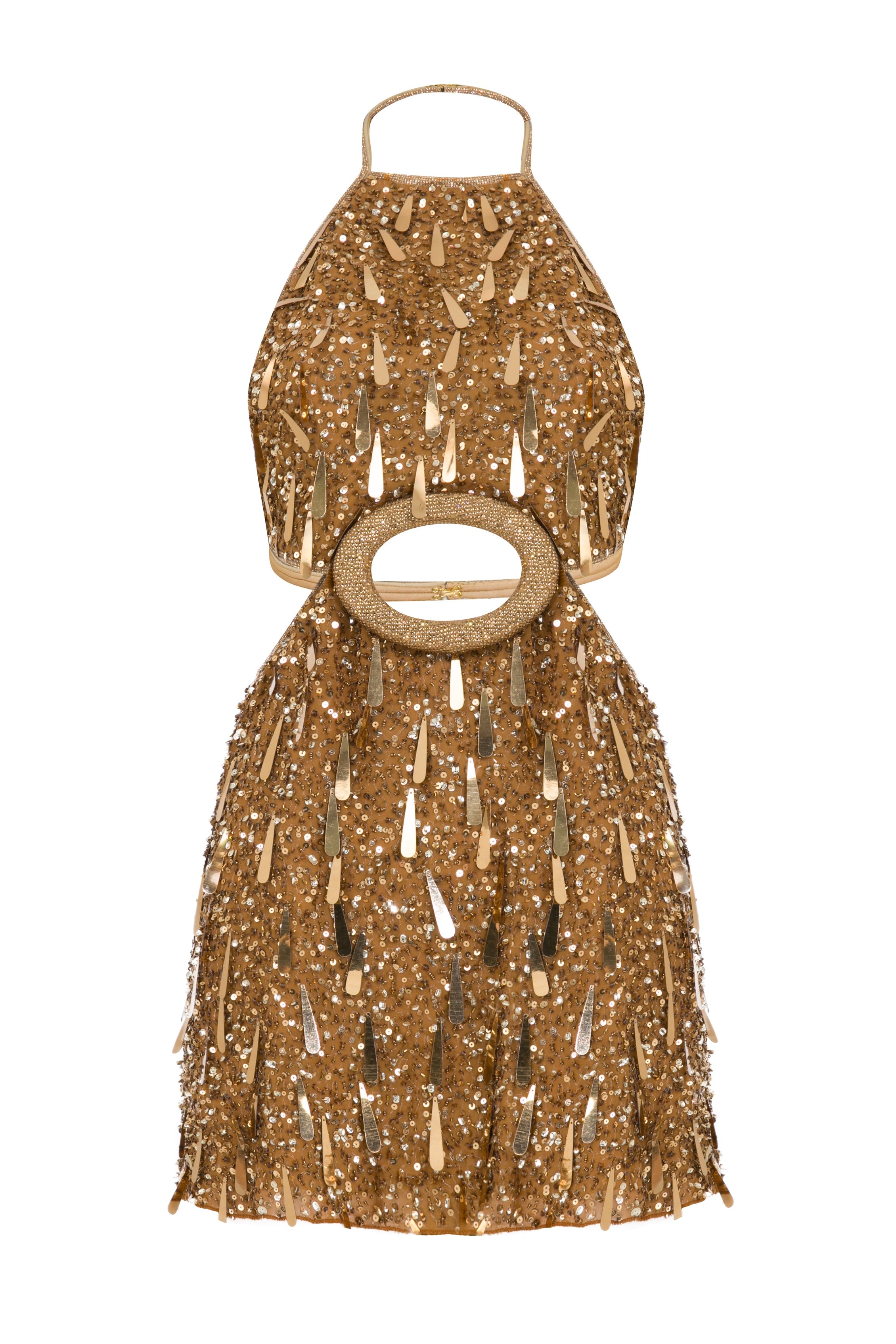 Gold Halter Neck Mini Dress with Dripping Sequin and Embroidery Detail ...