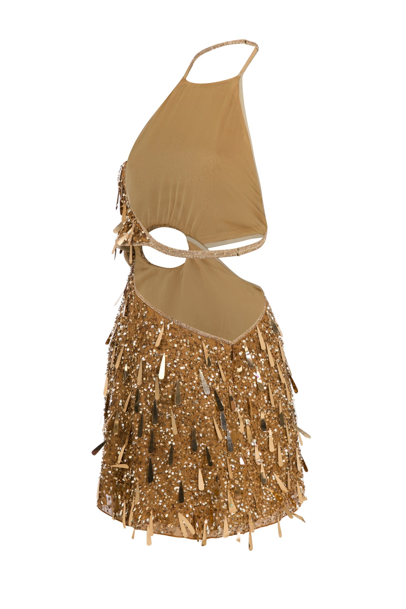 Gold Halter Neck Mini Dress with Dripping Sequin and Embroidery Detail ...
