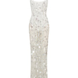 White Tulle Maxi Dress with Dripping Sequin Details