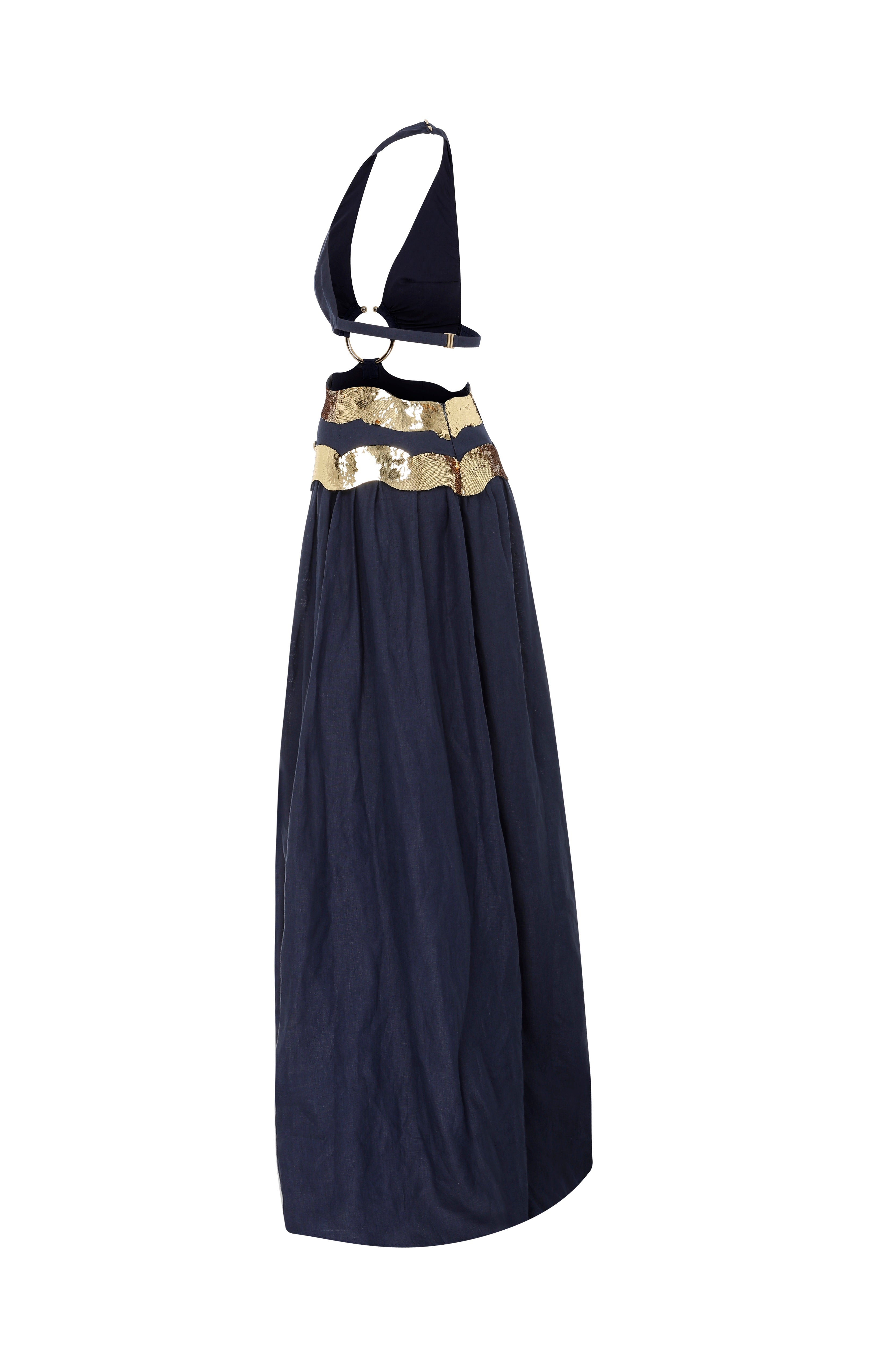 Navy Linen Halter Neck Maxi Dress with Cutouts and Gold Wavy Sequin De RAISA VANESSA INT Navy Linen Halter Neck Maxi Dress with Cutouts and Gold Wavy Sequin De RAISA VANESSA INT