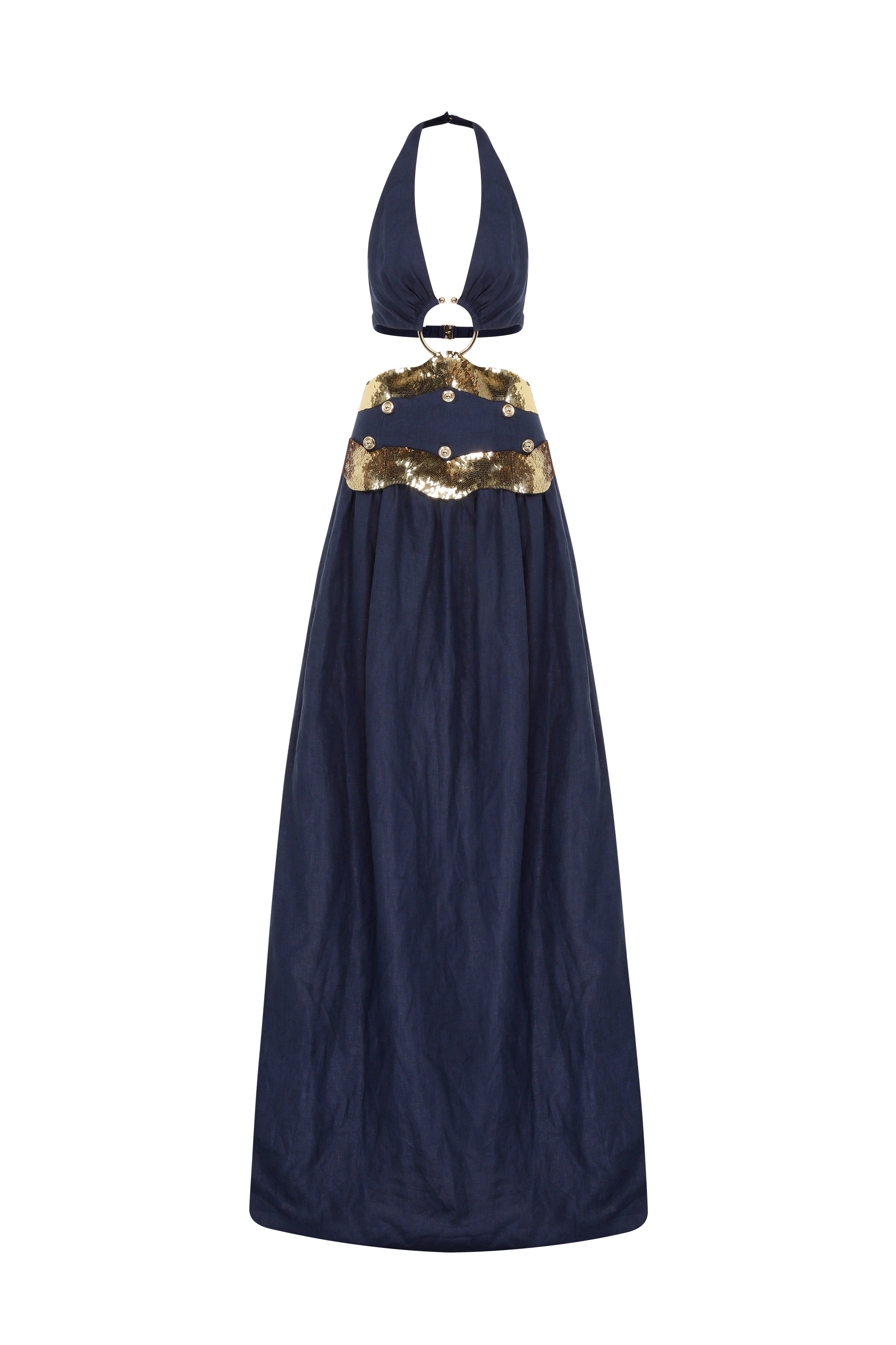 Navy Linen Halter Neck Maxi Dress with Cutouts and Gold Wavy Sequin De RAISA VANESSA INT Navy Linen Halter Neck Maxi Dress with Cutouts and Gold Wavy Sequin De RAISA VANESSA INT
