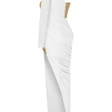 Gold and White Medusa Maxi Dress with High Slit and Rose Details