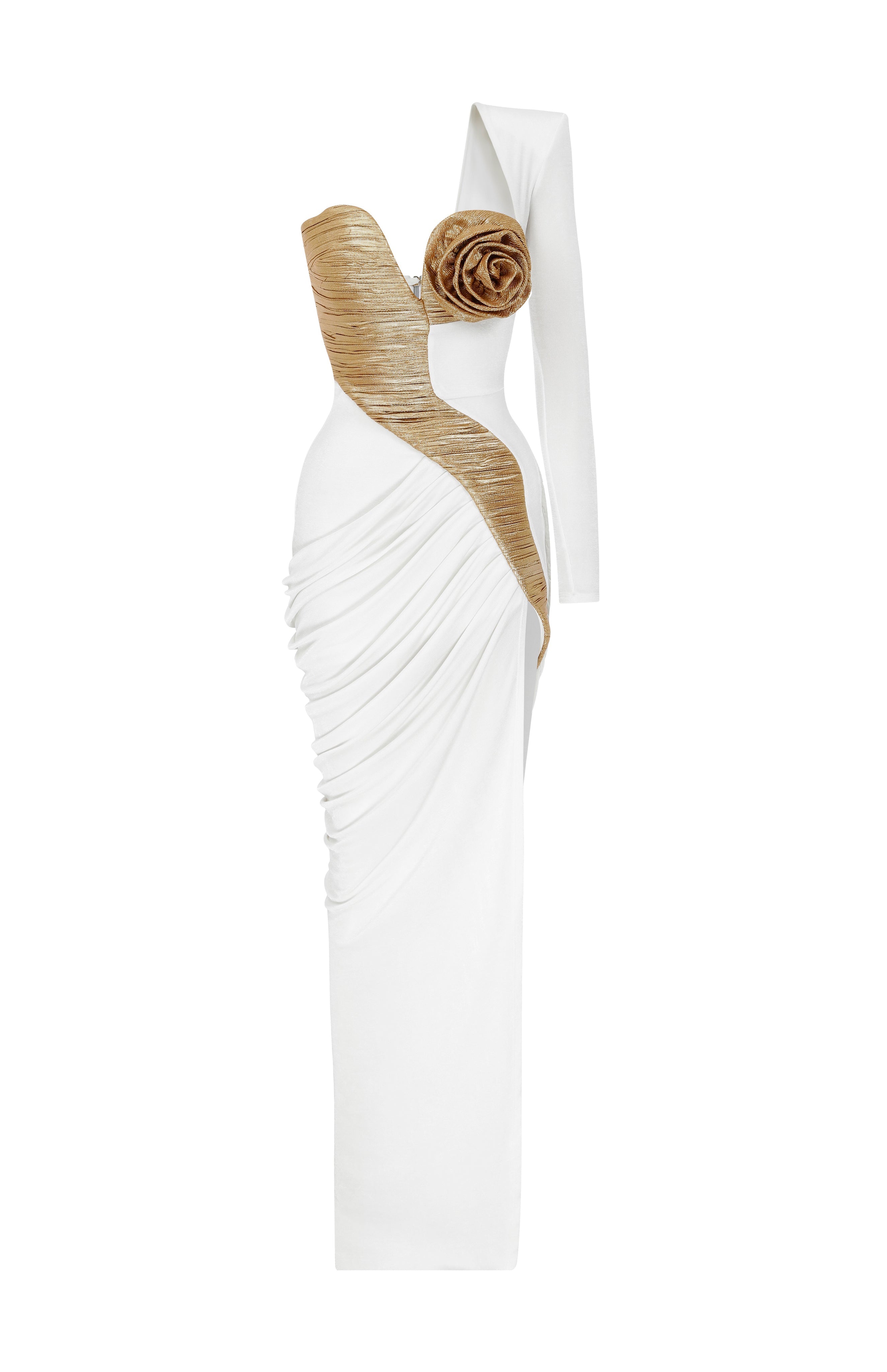 Gold and White Medusa Maxi Dress with High Slit and Rose Details RAISA VANESSA INT Gold and White Medusa Maxi Dress with High Slit and Rose Details RAISA VANESSA INT
