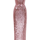 Pink Strapless Chiffon Midi Dress with Round Sequins