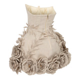 Beige Linen Mini Dress with Corset and Flower Details