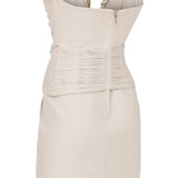 Heart Shaped Strapless Cream Linen Mini Dress with Gold Accessory Details