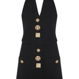 Black Knit Mini Vest Dress With Gold Buttons