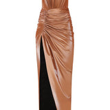Strapless Champagne Metallic Midi Dress with High Slit