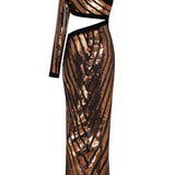One Shouldered Black/Bronze Sequined Chiffon Maxi Dress with High Slit