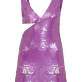 Purple Sequined Mini Dress with Cutout and Gold Button Details