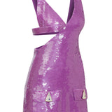 Purple Sequined Mini Dress with Cutout and Gold Button Details