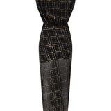 High Neck Black Chiffon Midi Dress with Gold Ecose and Stone Details