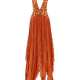 Halter Neck Pleated Chiffon Asymmetrical Maxi Dress with Gold Embroidery