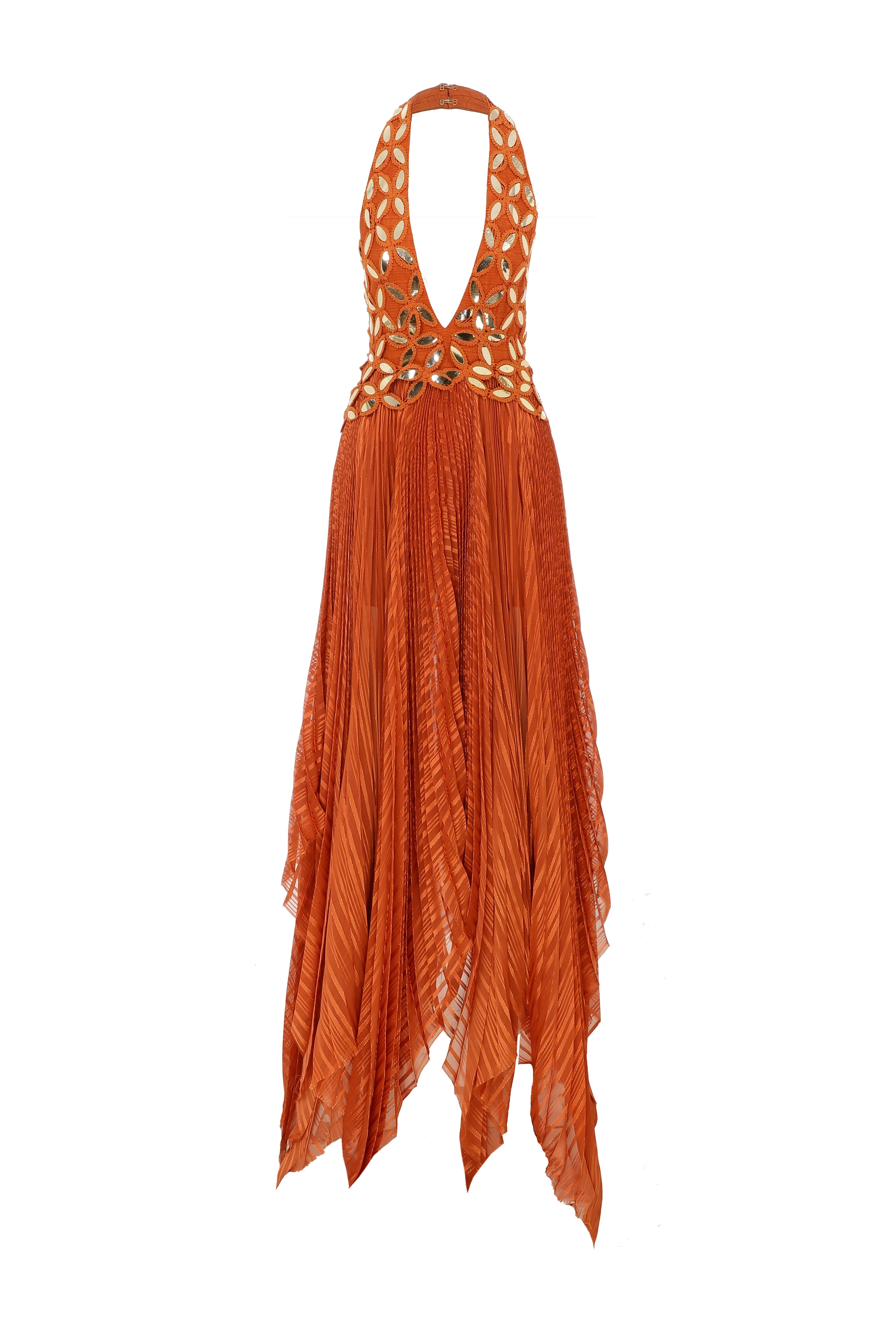 Halter Neck Pleated Chiffon Asymmetrical Maxi Dress with Gold Embroide RAISA VANESSA INT Halter Neck Pleated Chiffon Asymmetrical Maxi Dress with Gold Embroide RAISA VANESSA INT
